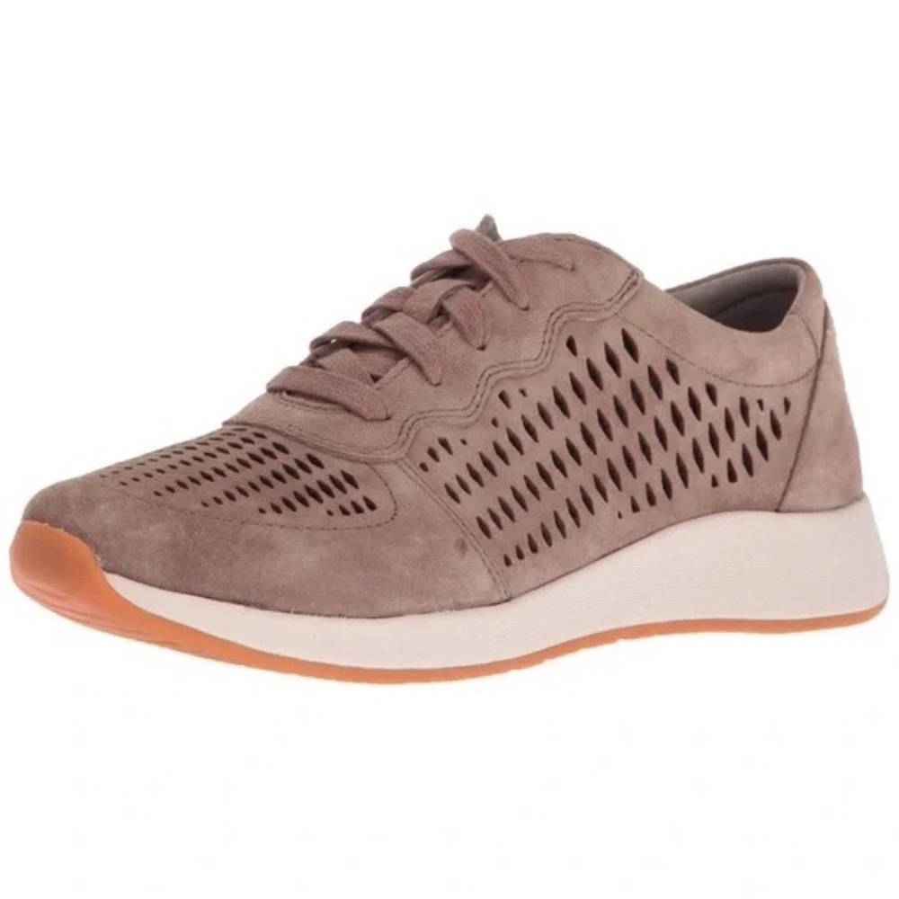 Dansko Perforated Lace-Up Sneaker in Taupe with Orange Sole